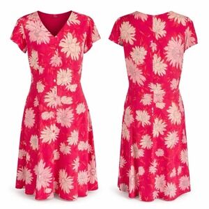 Talbots Midi Dress Red Floral Sz 10 Button Down V Neck Fairy Modest Office